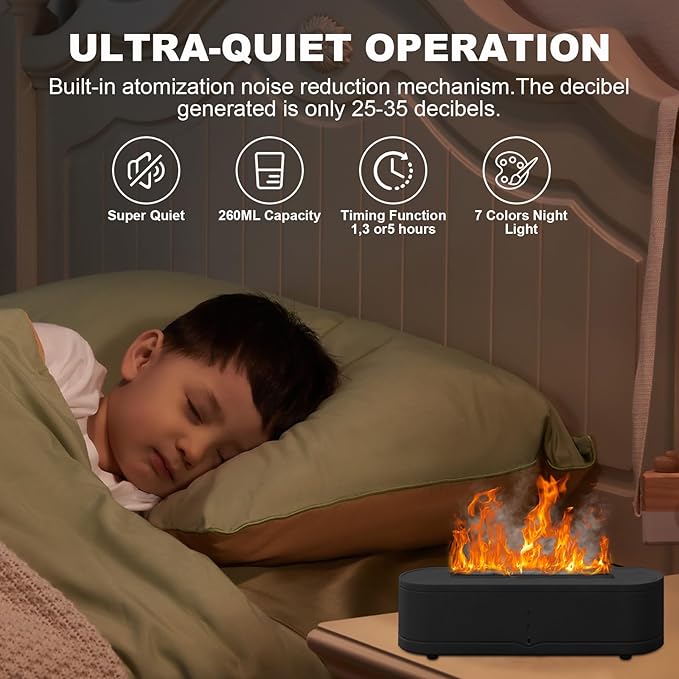Colorful Fire Flame Humidifier: 260ml Aroma Essential Oil Spray Diffusers Ultrasonic Volcano Humidifier Noiseless with Timer Auto-Off 7 Flame Colors Cool Mist Diffusers for Home,Office,Yoga(Black)