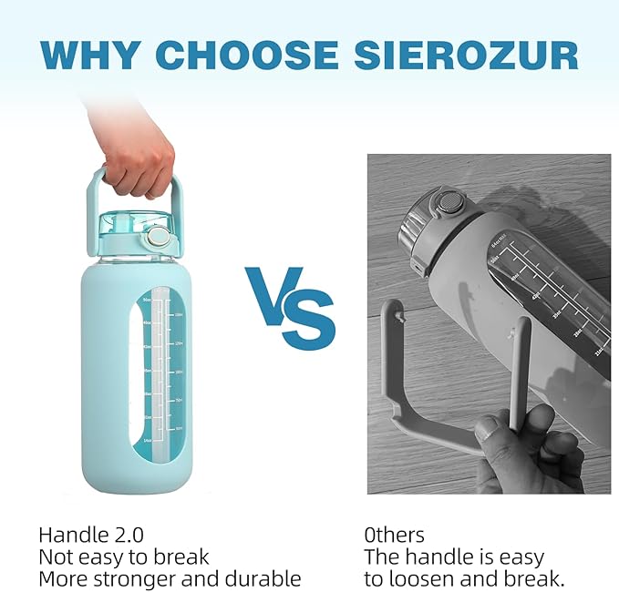 SIEROZUR 64 oz Glass Water Bottle with Straw and Handle Lid Half Gallon Motivational Glass Bottle with Silicone Sleeve and Time Marker Large Reusable Sports Water Jug for Gym Home Workout