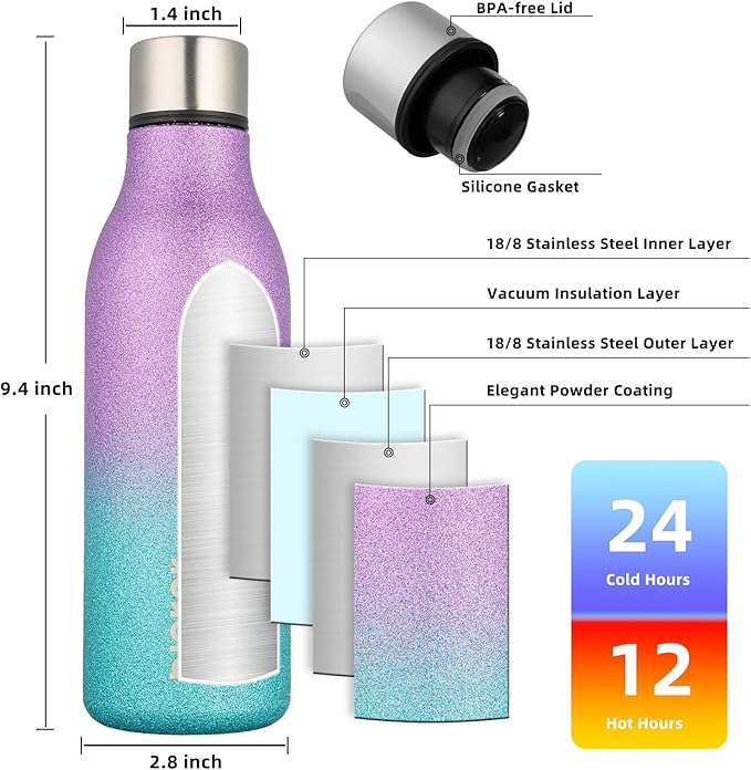 BJPKPK Insulated Water Bottles, 18 oz Stainless Steel Metal Water Bottle with Strap, BPA Free Leak Proof Jugs,Mugs,Flasks, Reusable Thermal Flasks for Sports & Travel,Sparkling Purple Green