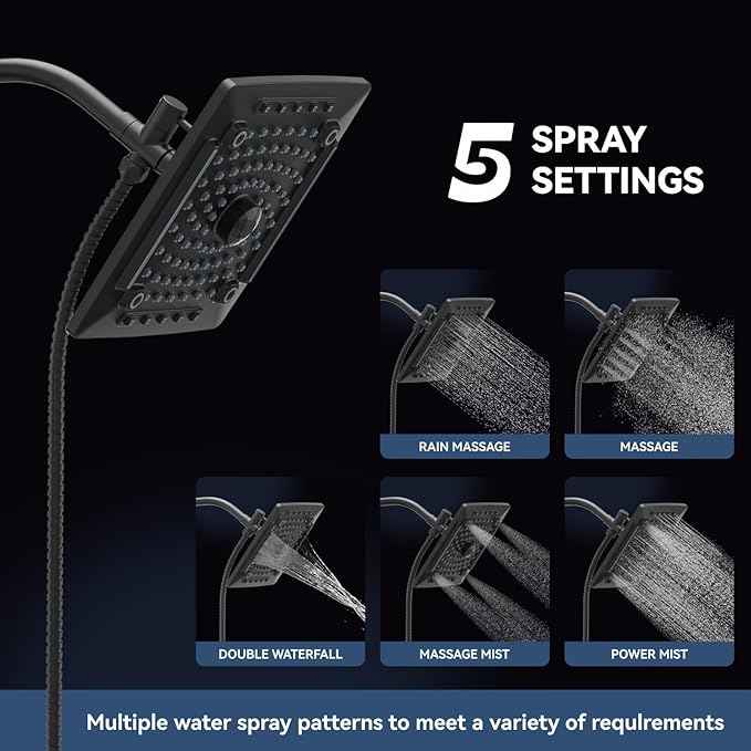 ELLO&ALLO Rain Shower Head with Handheld Spray, Rainfall Shower Head Combo with 60" Hose, Adjustable Dual Showerhead Set with 3-Way Diverter, Matte Black