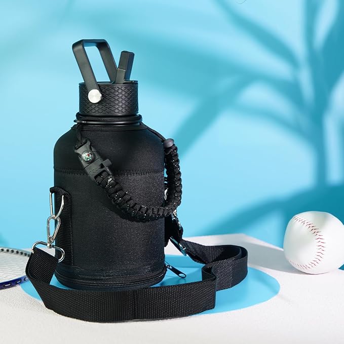 Half Gallon Insulated Water Bottle with Straw,64 oz 3 Lids Water Jug with Carrying Bag,Paracord Handle,Double Wall Vacuum Stainless Steel Metal Flask,Indigo Black