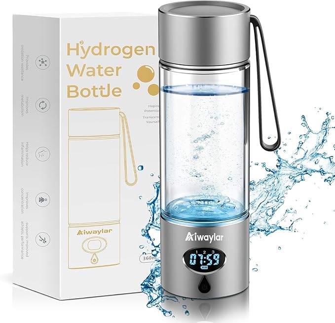 Aiwaylar Hydrogen Water Bottle - Portable, Rechargeable, LED Timer,3 Work Mode, Aluminum and Glass,360ML,Hydrogen Water Ionizer Machine with PEM/SPE Technology, Suitable for Office,Home,Gym Outdoor