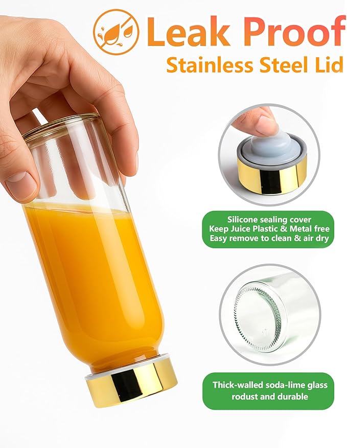 Zukro Glass Water Bottles with Gold Lids 10.5 oz, 6 Pack Clear Reusable Glass Small Juice Bottles for Juicing, Milk, Ginger Shot, Stainless Steel Cap, BPA-Free Leak Proof 300ml Drinking Container Jar