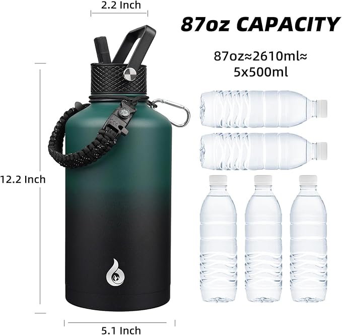 BJPKPK 2/3 Gallon Water Bottle with Straw Lid, 87oz Large, Stainless Steel Water Bottles with 3 Lids and Paracord Strap, Double Wall Vacuum Metal Jug, Army Green & Black