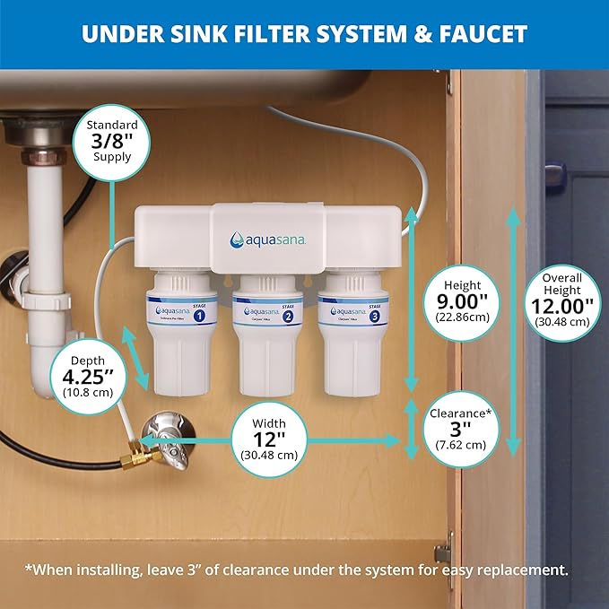 Aquasana Under Sink Water Filter | 3-Stage Filtration | Certified to Reduce up to 99.99% of PFAS, Lead, Chlorine, & More | Under Counter Drinking Water Filter | Brushed Nickel Faucet | AQ-6300-BN