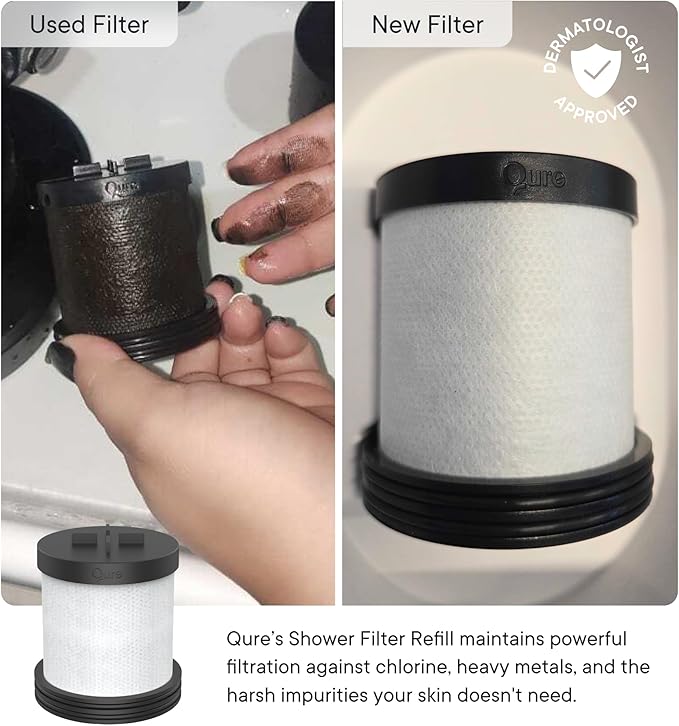 Qure Skincare Shower Filter Refill - Replacement Cartridge for Shower, 99% Chlorine Reduce, Clinically Tested - White, 3-Month Supply (1 Piece)
