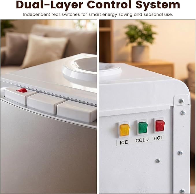 4 in 1 Water Cooler Dispenser with Ice Maker, Hot & Cold Water Dispenser for Home & Office, 33lbs/24H Bullet Ice, Top Loading 3-5 Gallon, Child Safety Lock, Ice Ready in 7 Min (White -Silver)