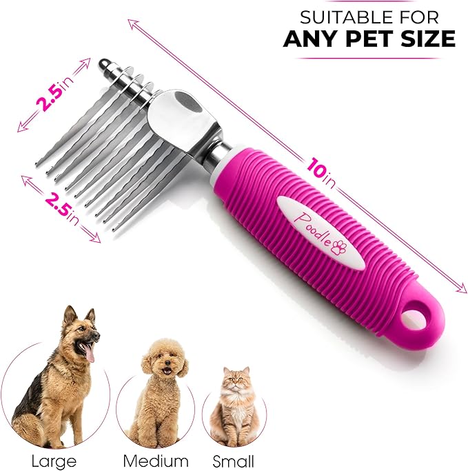 Poodle Dematting Fur Rake Comb Brush for Dogs and Cats - Long 2.5" Steel Safety Blades Metal Comb for Detangling Matted or Knotted Undercoat Hair - AquaVibe