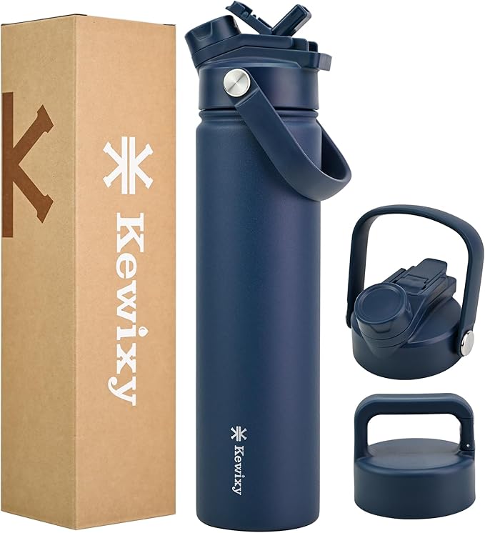 KEWIXY 24 oz Insulated Water Bottle, 2-in-1 Lid, Straw & Spout with Protected, Leak Proof, Keep Cold, Stainless Steel, Metal, Reusable, Handle, for Travel, Gym and School, 2 Lids, Denim Blue
