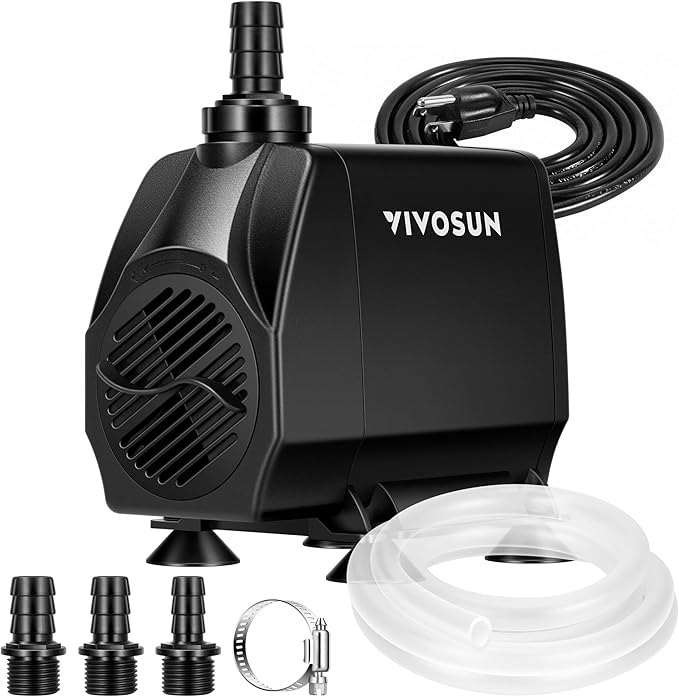 VIVOSUN 1050 GPH 100W Submersible Water Pump, Quiet Fountain Pump With 13.1 ft Head Lift, 6.6 ft Power Cord, 3 Nozzles, Tubing, & 2 Clamps, For Fish Tank, Pond, Aquarium, Hydroponics - AquaVibe