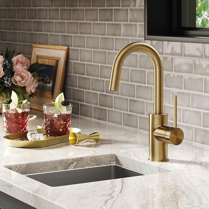 KRAUS Oletto Single Handle Kitchen Bar Faucet with QuickDock Top Mount Installation Assembly in Spot Free Antique Champagne Bronze, KPF-2600SFACB