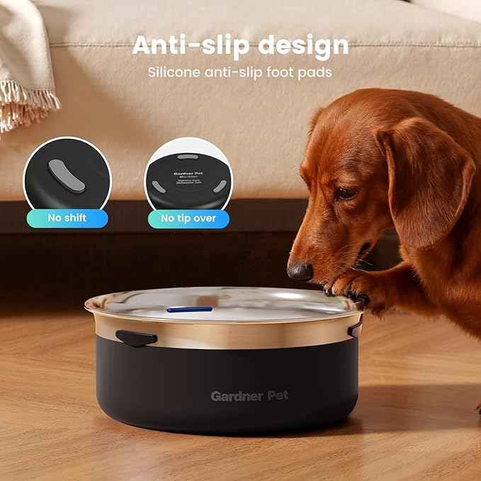 Gardner Pet Slow Water Bowl for Dogs, 2L/68oz Spill-Proof Pet Water Bowl with Floating Disk & Filter Screen, Stainless Steel No-Spill Water Dispenser for Medium Pets