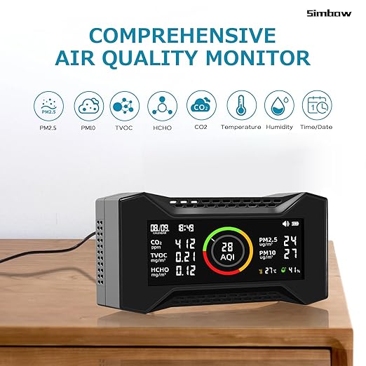 Air Quality Monitor Indoor, Simbow CF-20 DL 7-in-1 Wildfire Monitor Detect (PM2.5, PM10, CO2, VOC, Formaldehyde, Humidity, Temp) Free Data Export, Air Quality Meter for Home Office School