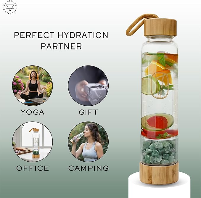 Vie Healing Gem Infused Aventurine Crystal Water Bottle, 16oz | Crystal Glass Bottle for Mindful Hydration, Daily Balance & Style | Eco Friendly Reusable Water Bottle for Home, Office, Gym & Travel