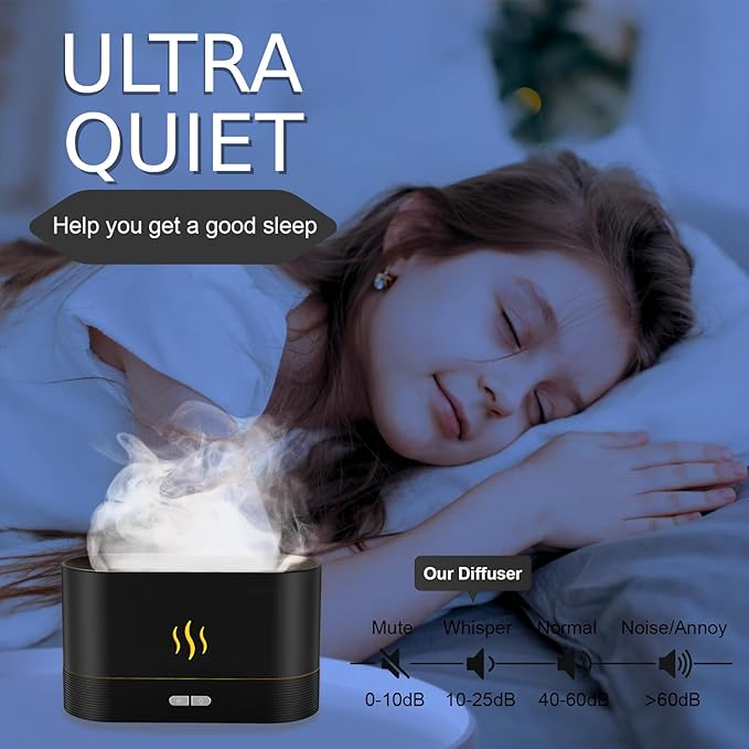 Essential Oil Diffuser, Flame Air Humidifier with Fire Led Light - 2 Rightness, 180mL Capacity (8 Hours), Auto-Off Protection Air Diffuser for Home Bedroom Office Gifts(Black)