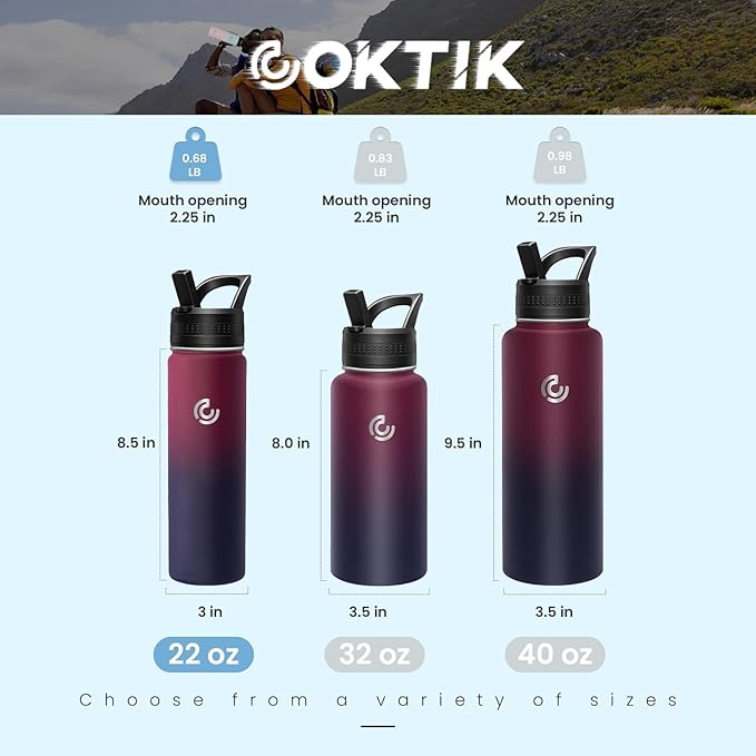 COKTIK 22oz Sports Water Bottle, Stainless Steel Water Bottle for Insulated, Reusable Travel Bottle, With Straw, With Handle Grip for Easy Carrying, Suitable for Cycling, Outdoor Vacations(Midnight)