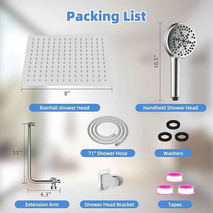 All Metal Shower Head, 8" High Pressure Rainfall/Handheld Shower Combo with 11" Extension Arm, 10-Spray Handheld Showerhead, 71" Long Hose, 3-Way Diverter Valve, Chrome