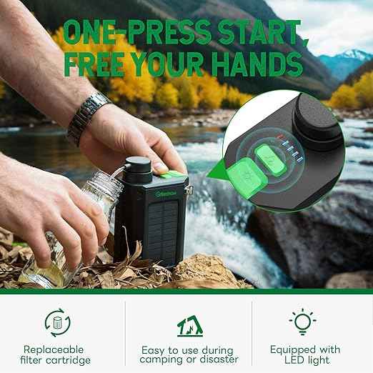 Greeshow Electric Portable Water Filter with Reusable 0.01 Micron Filter for Camping, Hiking, Survival with 3000mAh Portable Power Bank, Suport USB/Solar/Hand Crank Charing (Set of 2 Filters)