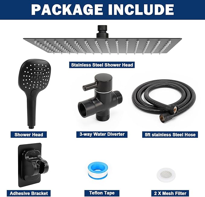 NearMoon Shower Head with Hose, High Pressure Stainless Steel Rain Shower and 3 Settings Handheld Spray Combo with Push Button Flow Control (12 Inch, Matte Black) - AquaVibe