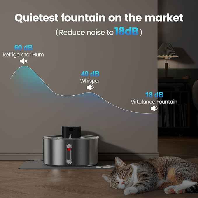 Virtulance No Pump Cat Water Fountain with 3 Filter - 3.2l/108oz Wireless Stainless Steel Pet Water Fountain, Cordless Automatic Dispenser, Battery Operated Fountain with Motion Sensor