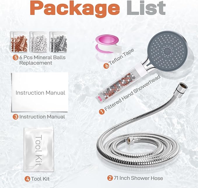 YDmeet Filtered Handheld Shower Head with Long Metal Hose Set, 3-Mode Spray Setting, Extra 6 Packs Replacement Mineral Balls for Refills, Chrome - AquaVibe
