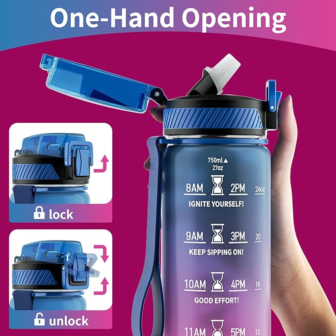 Water Bottle with Straw, 27oz Motivational Water Bottles with Time Marker to Drink, Tritan BPA Free, 750ml Sports Water Bottle with Carry Strap LeakProof for School Fitness Outdoor (1Pack)