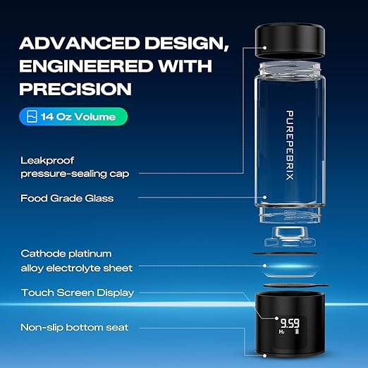 Upgraded Hydrogen Water Bottle Generator Glass, Touch Screen, Leak-Proof Lid, SPE/PEM Tech, Portable Rechargeable Hydrogen Water Bottle for Home Office Travel Fitness Drinking, 14 oz, Black