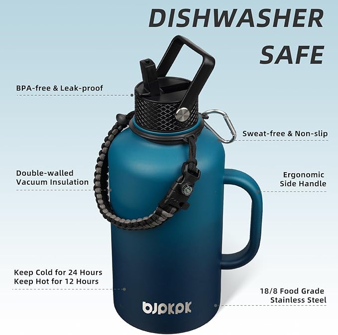 BJPKPK Half Gallon Insulated Water Bottles with Straw Lid & Side Handle, 64oz Large, Stainless Steel Water Bottles with 3 Lids and Paracord Strap, Metal Water Jug,Vast