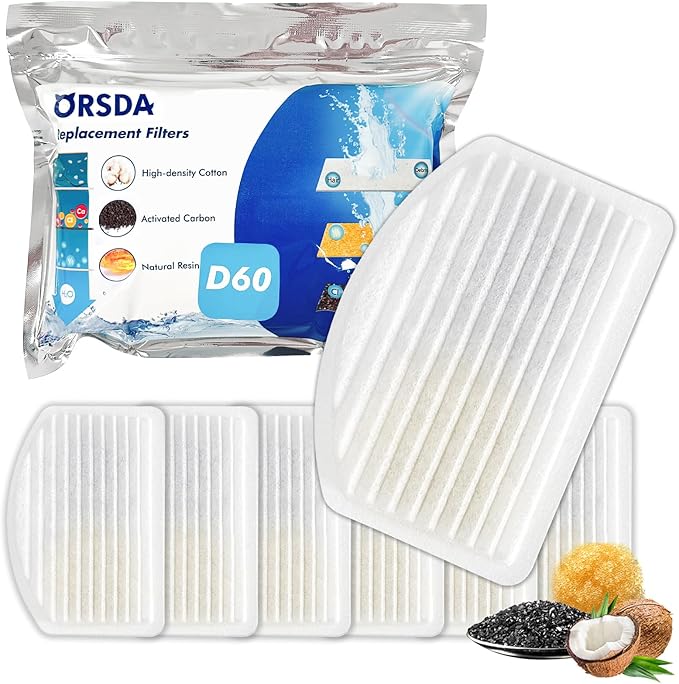 ORSDA Cat Water Fountain Filters, 6 Pack Replacement Carbon, Resin Filters ONLY for D60 100oz/3L Automatic Pet Fountain Cat Water Fountain Dog Dispenser