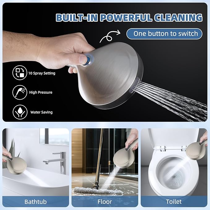 iFealClear Metal Rain Shower Head, 10” High Pressure Rainfall Shower Head with Handheld Spray Combo, 10-Spray Handheld Built-in Power Wash, 16" Shower Extension Arm, 3-Way Diverter, Brushed Nickel