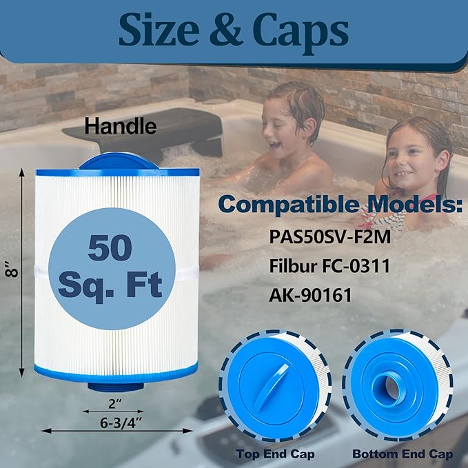 PAS50SV Hot Tub Filter Cartridge, Compatible with Artesian Spa Filter, Replaces for Unicel 6CH-502, Filbur FC-0311, PAS50SV-F2M, Baleen AK-90161, 50 sq.ft Spa Filter, 2 Pack