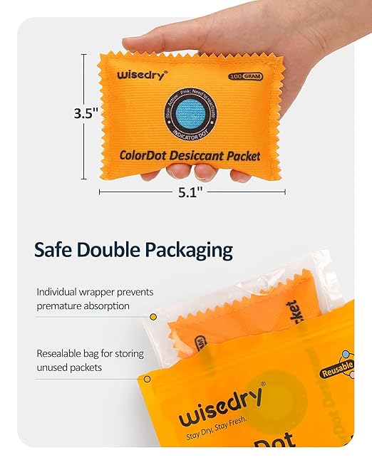 wisedry 100g [20 Packs] Rechargeable Desiccant Packs for Storage, Color Indicating Silica Gel Desiccant Packets, Reusable Moisture Absorbers Bags for Storage Bins, Suitcase, Gun Safe, Tool Box