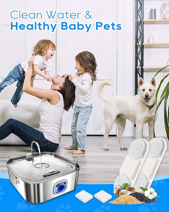8 Pack Filter & 8 Pump Sponges Pet Water Fountain Filter Compatible with WF120 Dog Water Bowl Dispenser 410oz/3.2Gal/12L, Filters Replacement for Cat Automatic Water Fountain Stainless Steel