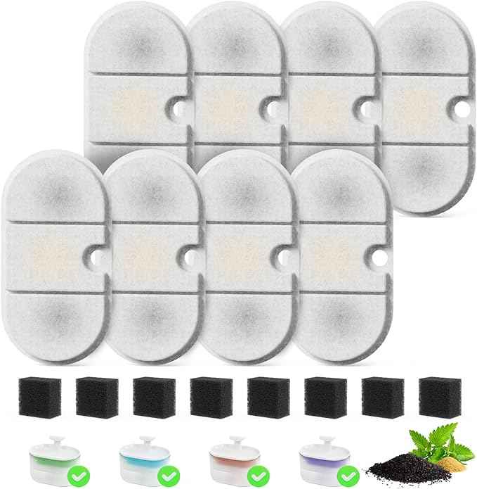 Cat and Dog Water Fountain Replacement Filters | 8 Filters + 8 Sponges | Fits PETLIBRO PLWF002 71oz/2.1L Capsule Fountain | Ultra-Quiet Dual Flow BPA-Free Pet Dispenser Parts, 16 Pack