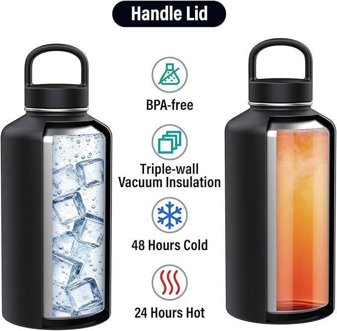 ICEWATER 64 oz Versatile Water Bottle with 3 Lids (Filtered Straw Option Reduces Chlorine Taste & Odor, Ideal for Travel), Triple Wall Vacuum Stainless Steel Insulated Half Gallon Large Jug, BPA-Free