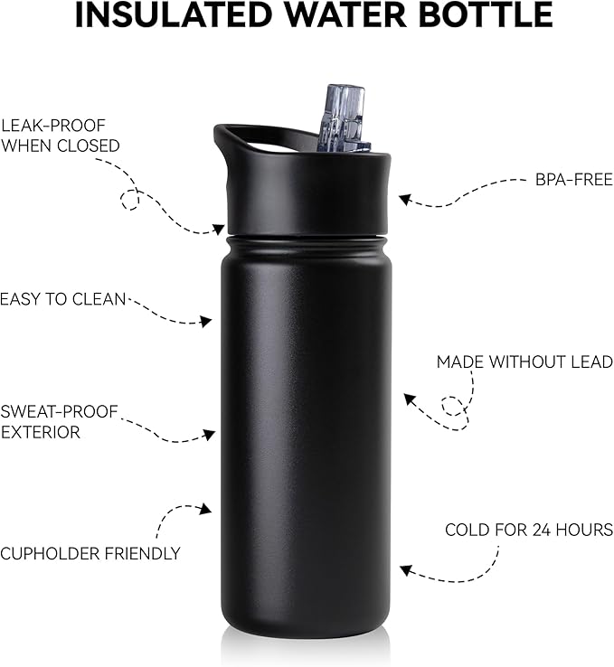 16 oz Insulated Water Bottle Bulk 8 Pack, Straw & Spout Lid, Keep Cold 24H, Spill Proof, BPA-Free, Double Wall, Stainless Steel Kids Water Bottles for School, Sports, Black