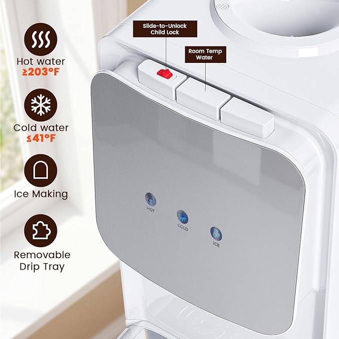 4 in 1 Water Cooler Dispenser with Ice Maker, Hot & Cold Water Dispenser for Home & Office, 33lbs/24H Bullet Ice, Top Loading 3-5 Gallon, Child Safety Lock, Ice Ready in 7 Min (White -Silver)