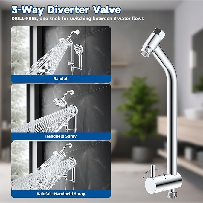 All Metal Dual Shower Head Easy Reach, High Pressure 10-Spray Handheld Shower & 6" Square Rainfall Shower Head Combo, Shower Extension Arm, 71" Hose, 3-way Diverter, Brass Shower Bracket, Chrome