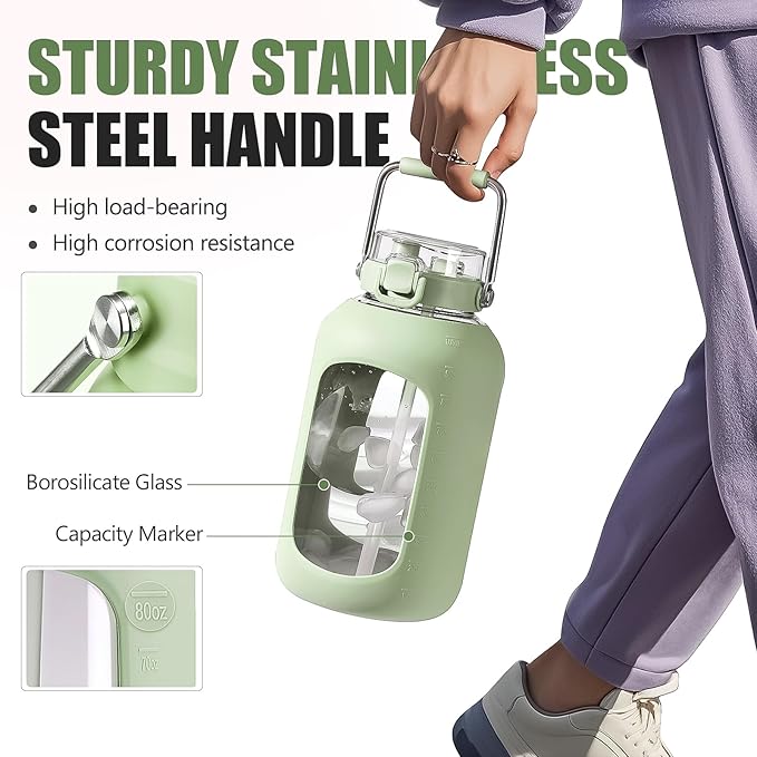 Large Glass Water Bottles with Stainless Steel Handle,100 oz Gallon Drinking Bottle with 2-in-1 Straw Lid,3 Liter Glass Water Jug with Silicone Sleeve,Wide Mouth,Light Green
