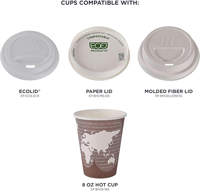 ECO PRODUCTS Compostable Disposable World Art 8oz Small Coffee Cups, Case of 1000, Renewable Hot Paper Cup, Plant Based PLA Lining, Color Coded