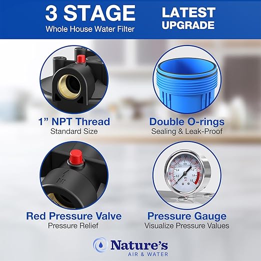 PureHome Max Whole House 3-Stage Water Filtration System – Reduces Chlorine, Heavy Metals & Sediment – High Flow Home Water Filter for City & Well Water