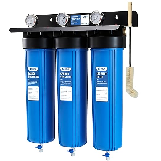 HQUA WF3-01 PRO 3-Stage Whole House Water Filtration System, Big Blue 20" x 5.5", Reduces Heavy Metals, PFAS (PFOA/PFOS), Chloramine, Sediment, Odor & VOCs, Helps Reduce Giardia & Cryptosporidium