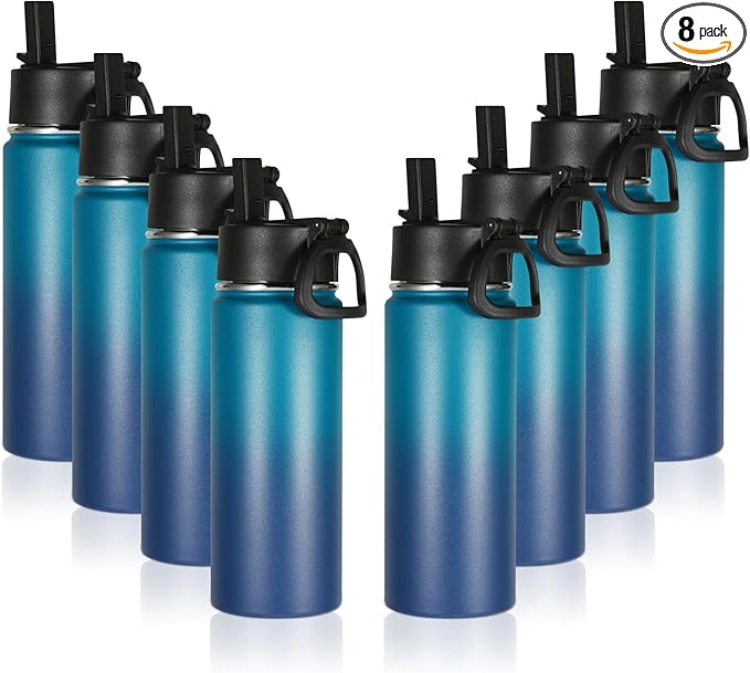 Volhoply 16 OZ Kids Water Bottle Bulk 8 Pack,Insulated Sports Bottles with Straw Lid,Stainless Steel Bottle with Handle Keep Cold & Hot,Double Wall Vacuum Tumbler Cups for School(Dark Night, 8)