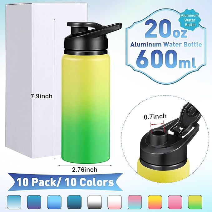 Mimorou 10 Pieces 20 oz Reusable Aluminum Water Bottles Bulk Outdoor Sports Water Bottles Multipack Travel Bottles for Gym, Hiking, Cycling, Camping, Fishing, Snap Lid(Gradient Color)