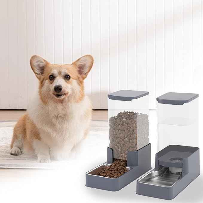 Stainless Steel Cat Feeder and Water Dispenser,Gravity Waterer & Food Feeder Set with Stainless Steel,Large Capacity Pet Food Bowl for Small Medium Dog Pets Puppy Kitten(Grey,1 Gallon)