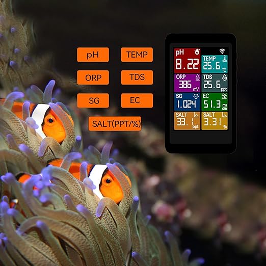 Smart 7-in-1 Water Quality Monitor, pH TDS EC ORP Temperature Salinity Meter for Freshwater & Saltwater Aquariums, Hydroponics-Large Full-Color Display Upgraded Version