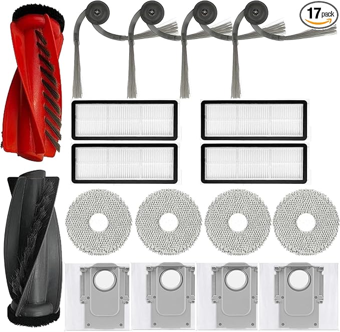 17 Pcs Replacement Parts Accessories Kit,Compatible With Roborock Qrevo Curv/Qrevo Edge Qrevo S5V Robot Vacuum,1 Roller Brush, 4 Hepa Filters,4 Side Brush,4 Mop Pads,4 Vacuum Bags - AquaVibe