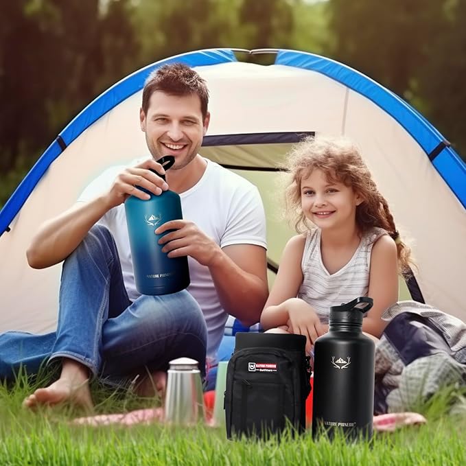 NATURE PIONEOR Insulated Water Bottles with Straw - 64oz Stainless Steel Vacuum Bottle with Holder/Carrier/Sleeve - Reusable 18/8 Food Grade Half Gallon Water Jug