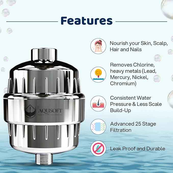 AQUSOFT 25-Stage Advanced Water Filter for Shower Head - Eliminates 99.9% Chlorine, Heavy Metals and Hard Water Impurities | Improves Skin, Reduces Eczema & Dandruff | Universal Fit Shower Head Filter