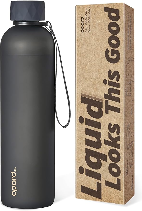 Opard Slim Pro Water Bottle 32oz, Plastic Water Bottle BPA-Free, Facetted Rubberized Grip-Texture Monocap, Leakproof Screw Top, Charcoal Black, Reusable for Travel School Sport Gym Hiking